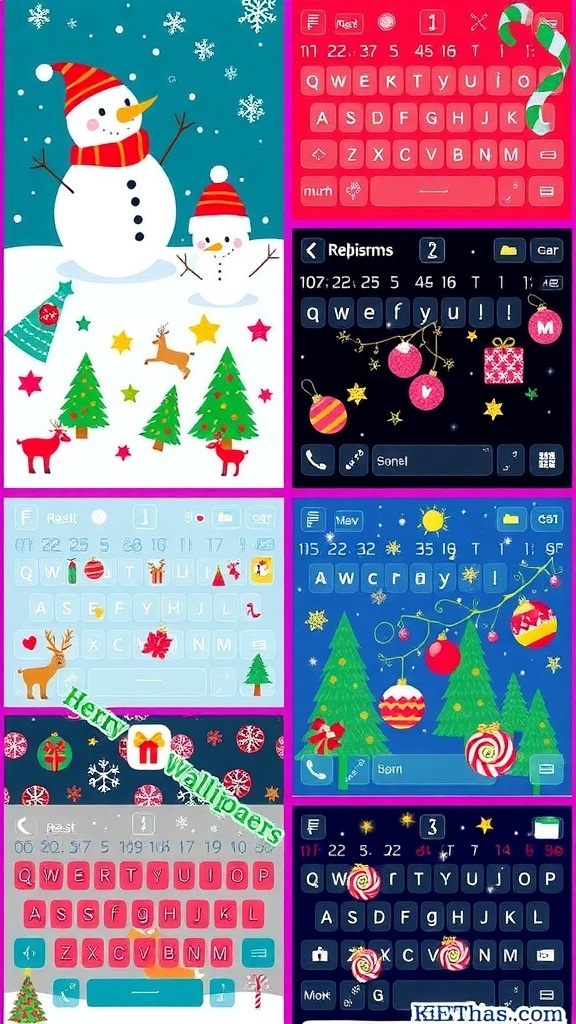 Cute Christmas keyboard wallpapers with festive designs including snowmen, reindeer, and Christmas trees.
